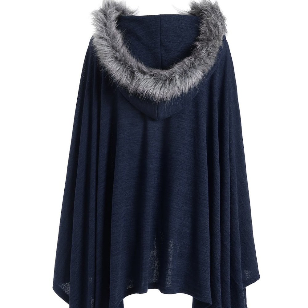 Navy Blue Fur Hooded Cape Poncho Winter Style L - Picture 2 of 8